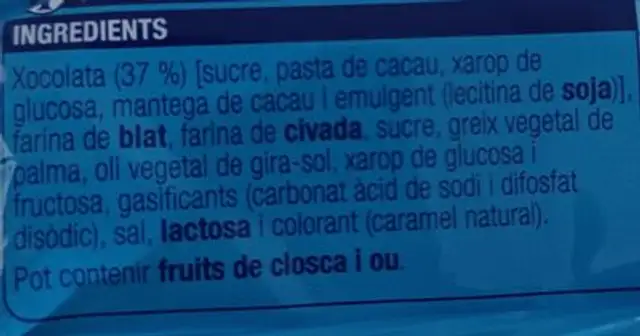 Cookies amb trossos de xocolata ingredients label