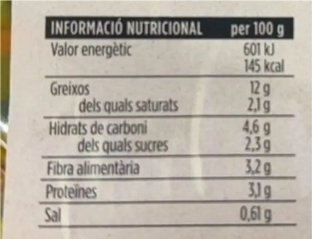 Faves amb verdures nutrition facts table
