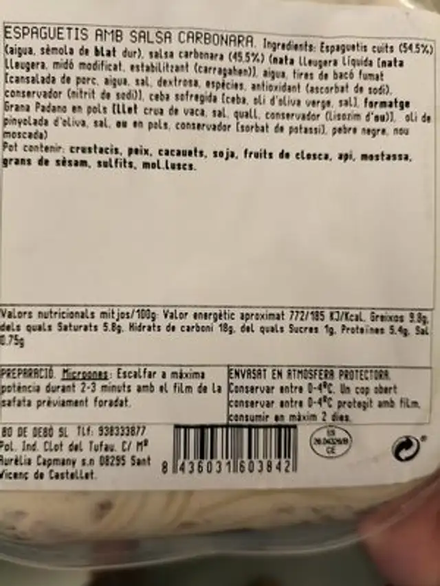 Unknown nutrition facts table