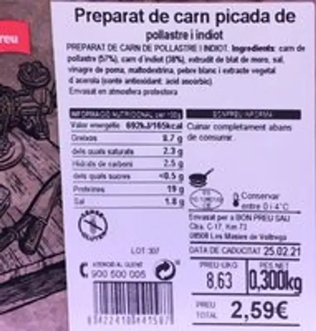 Preparat de carne picada de pollastre y pavo