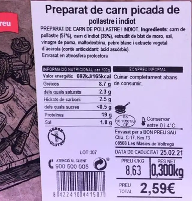 Preparat de carne picada de pollastre y pavo front packaging