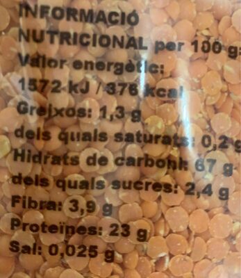 Lenteja roja 500gr nutrition facts table