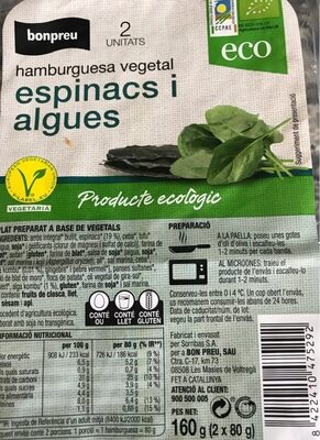 Hamburguesa vegetal espinacs i algues front packaging