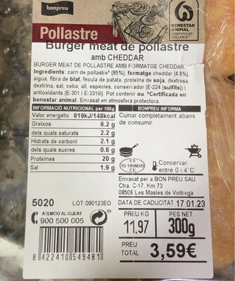 Burger meat de pollastre amb cheddar