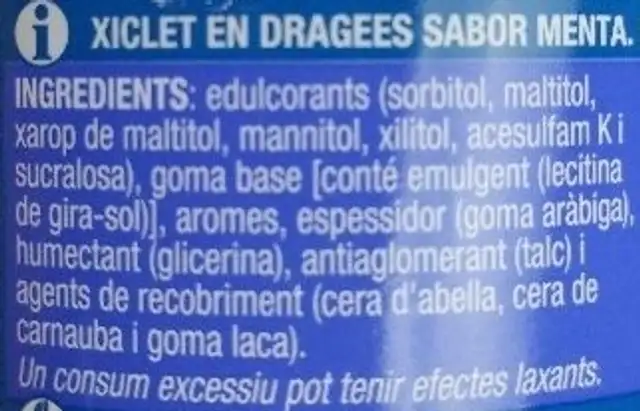 Xiclets menta ingredients label