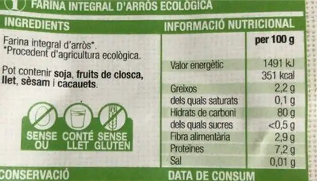 Harina integral de arroz nutrition facts table