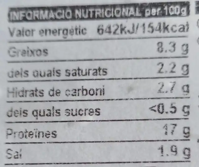 Burguer meat de Vaca con cebolla nutrition facts table