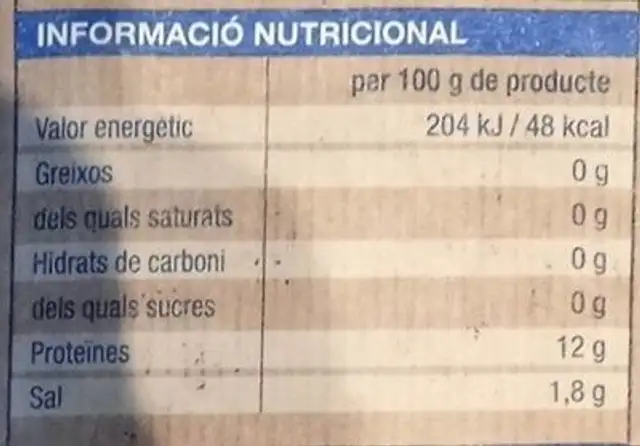 Filets de bacallà d'Islandia nutrition facts table