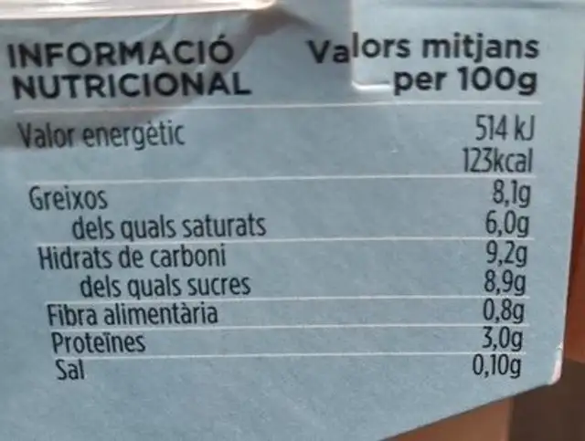 Beguda de crema catalana nutrition facts table