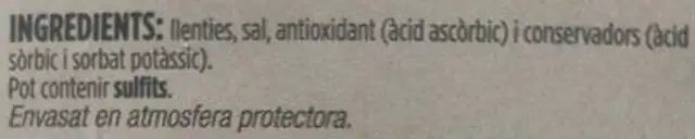 Llenties cuites ingredients label