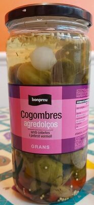 Pepinillos agridulces con cebollitas y pimiento rojo front packaging