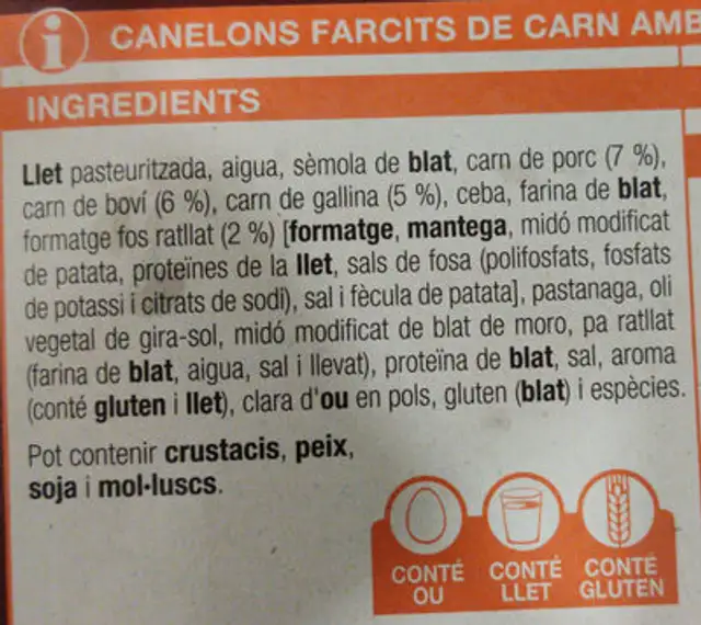 Canelons de carn ingredients label
