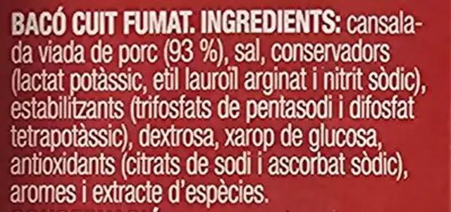 Bacon ahumado cocido ingredients label