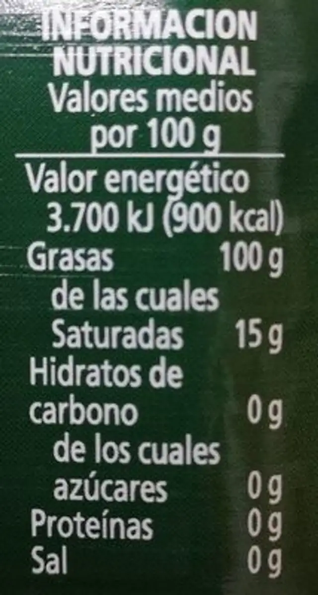 Aceite de oliva virgen extra nutrition facts table