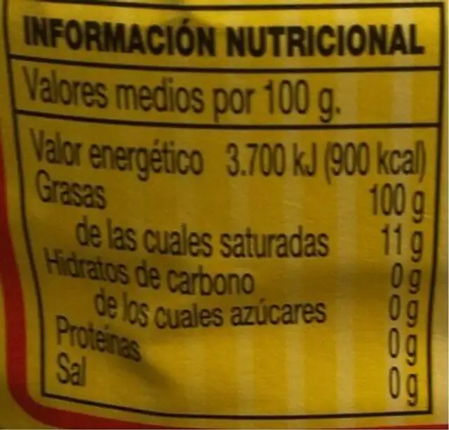 Aceite refinado de girasol nutrition facts table