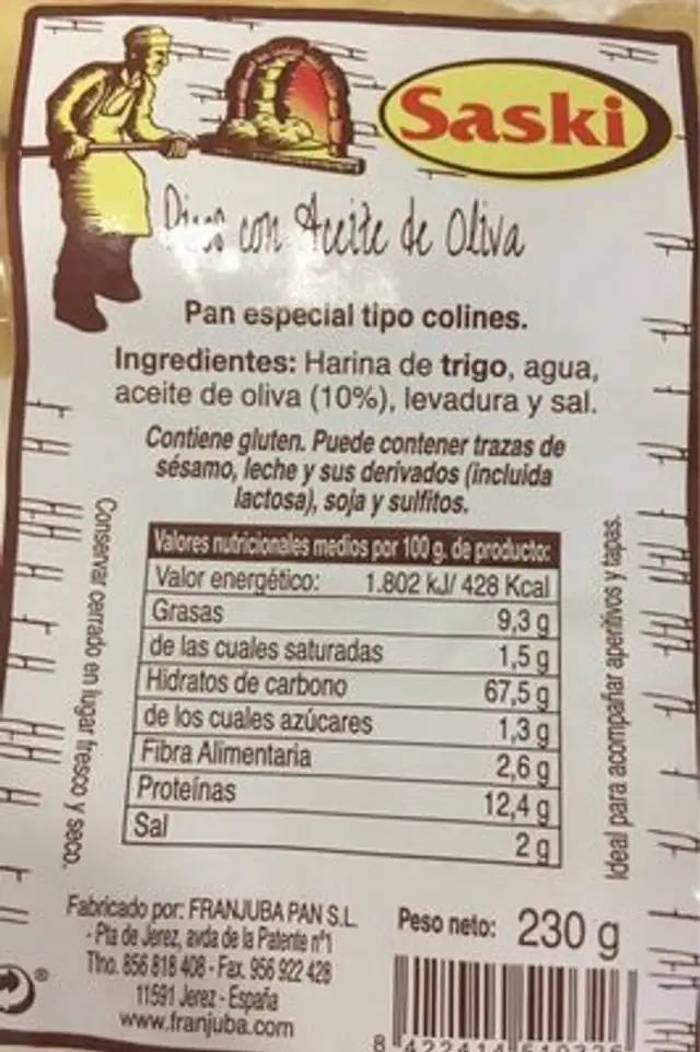 Picos con aceite de oliva nutrition facts table