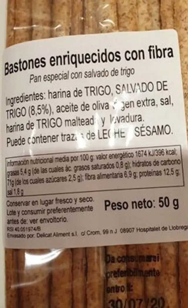 Bastons intégrales nutrition facts table