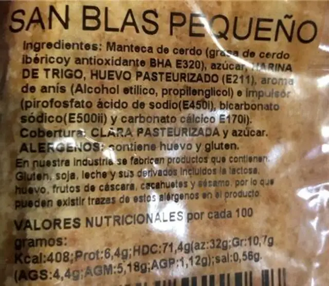 San blas galleta nutrition facts table