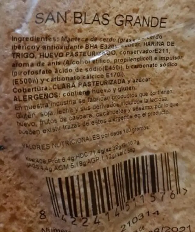 San Blas Grande nutrition facts table