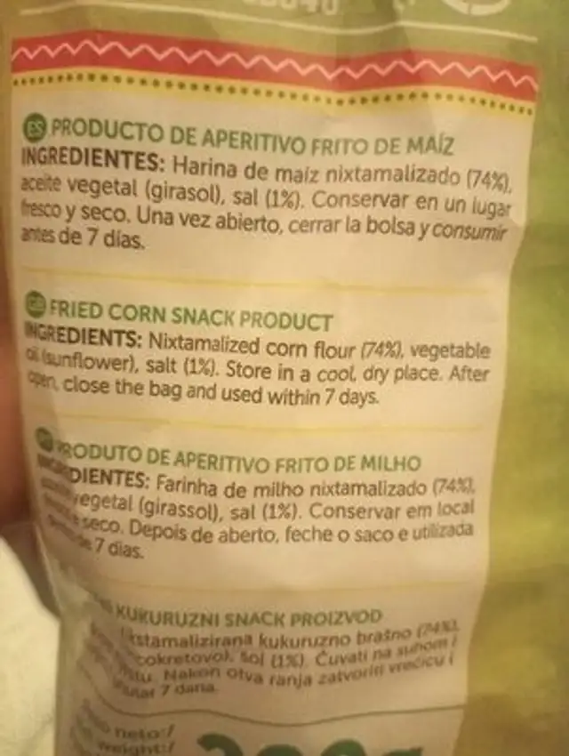 Nachos Sabor Natural ingredients label