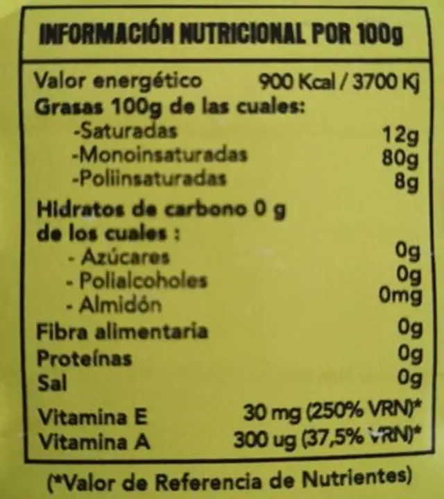 Aceite de Oliva Virgen nutrition facts table