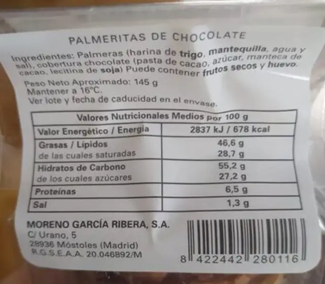 Palmeritas de chocolate nutrition facts table