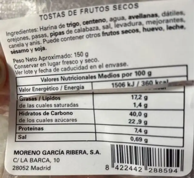 Tostas de frutos secos nutrition facts table