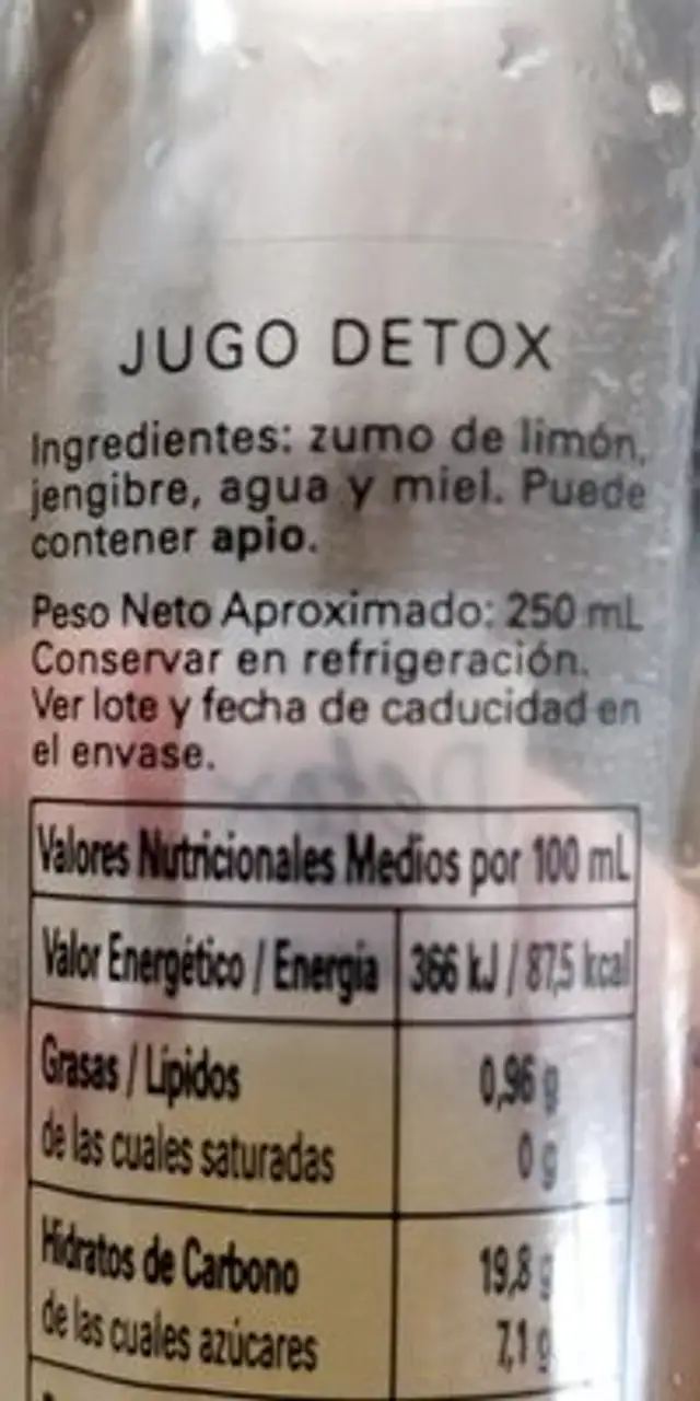 Detox limon Jengibre Miel ingredients label