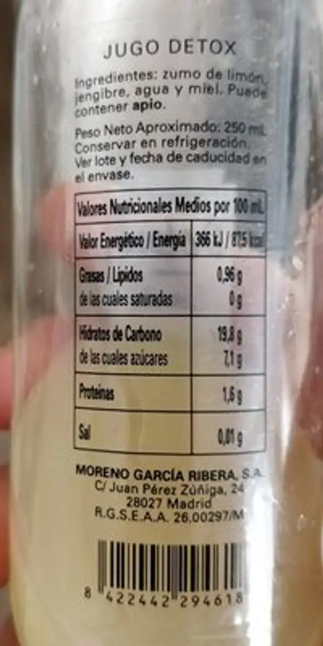 Detox limon Jengibre Miel nutrition facts table