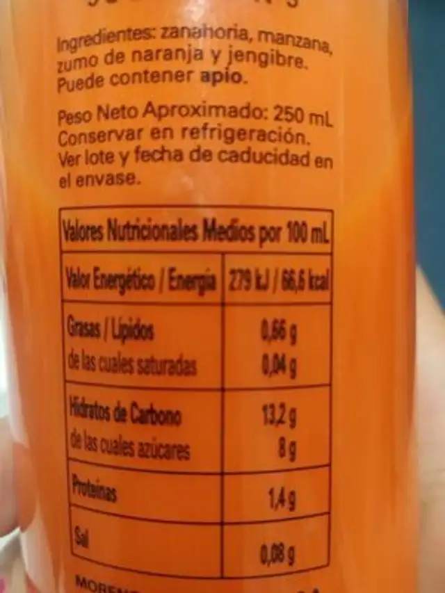 Jugo M-Z-N-J nutrition facts table