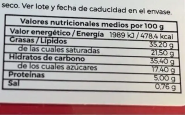 Palmeritas de Chocolate nutrition facts table