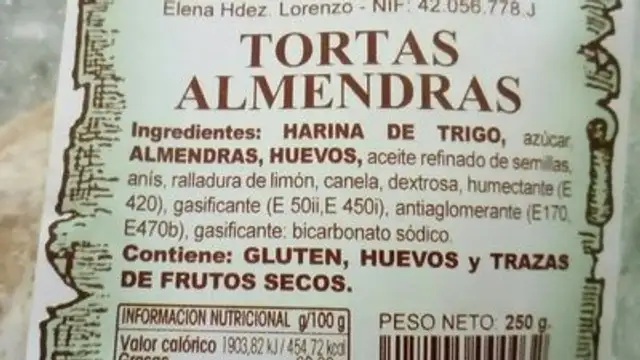 Tortas almendras ingredients label