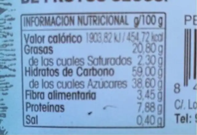 Tortas almendras nutrition facts table