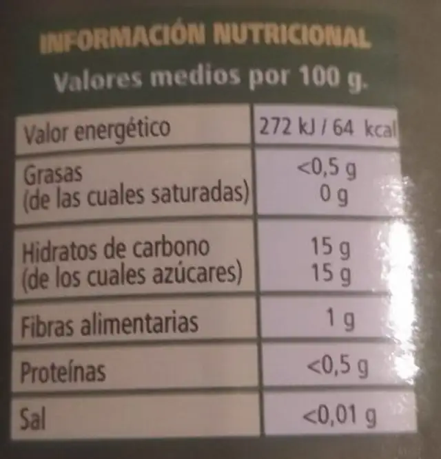 Piña en rodajas en almíbar ligero nutrition facts table