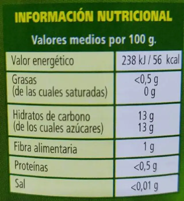 Piña en rodajas nutrition facts table