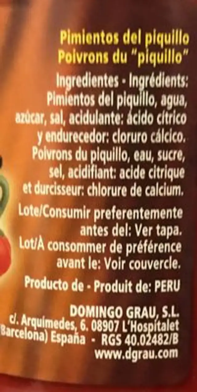 Poivrons grilles ingredients label