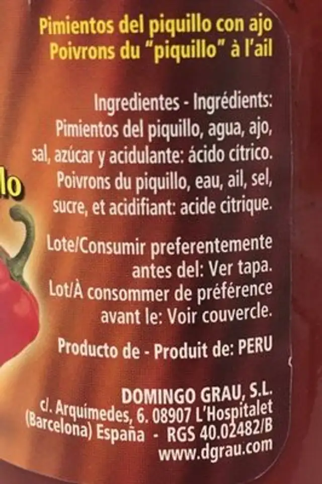 Pimientos del piquillo con ajo ingredients label