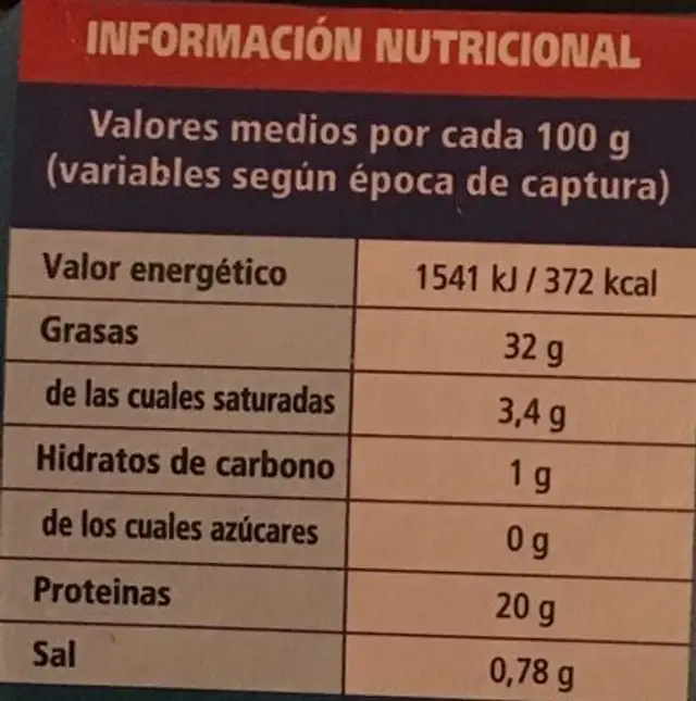 Atún en aceite vegetal nutrition facts table