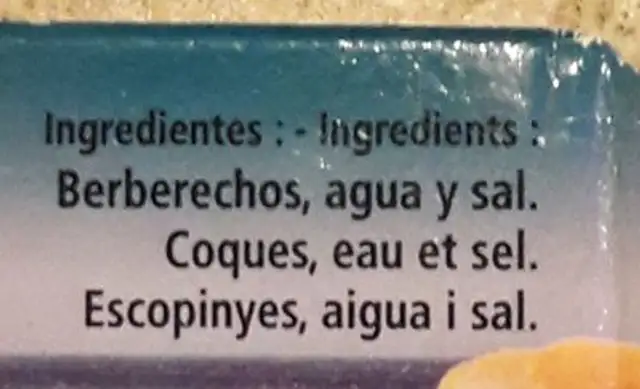 Berberechos al natural ingredients label
