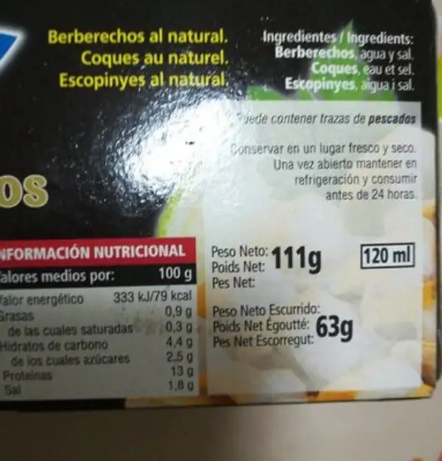 Berberechos nutrition facts table