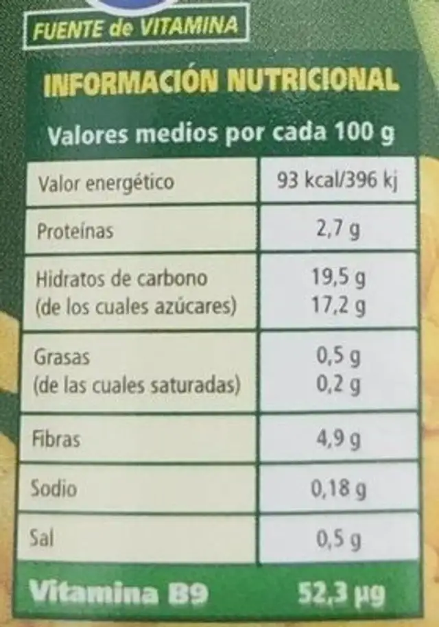 Maíz dulce nutrition facts table