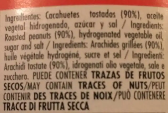 Beurre de cacahuète ingredients label