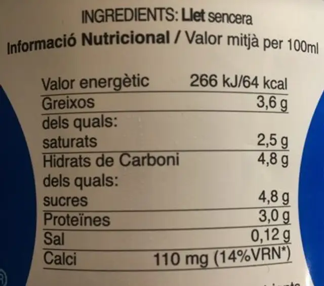 Leche entera nutrition facts table