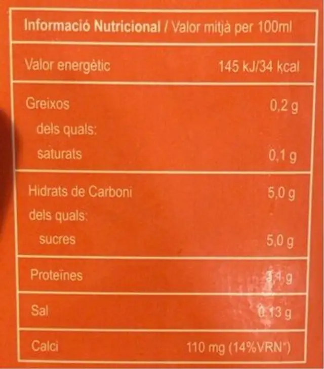 Leche desnatada nutrition facts table