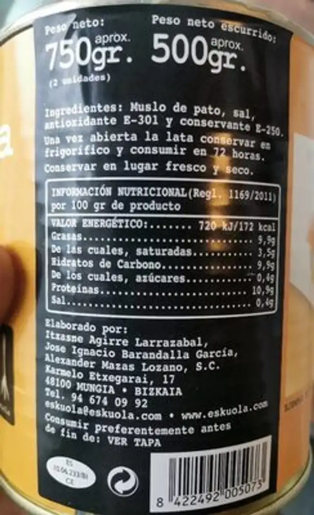 Confit de muslo de pato nutrition facts table