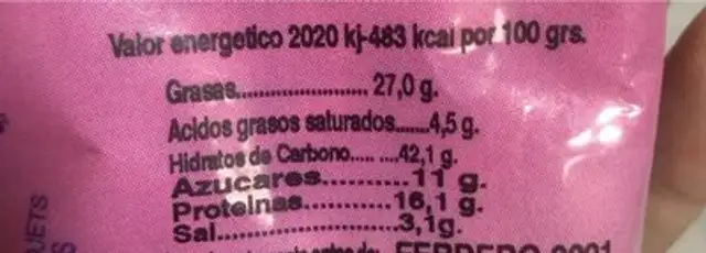 Revuelto especial nutrition facts table