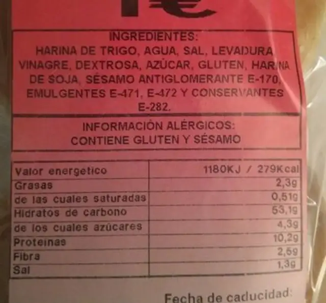Pan de hamburguesa nutrition facts table
