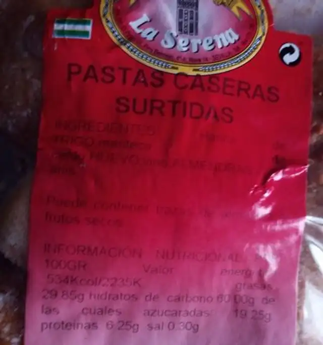 Pastas caseras surtidas ingredients label