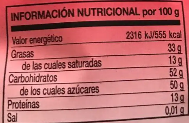 Cacahuete con chocolate nutrition facts table