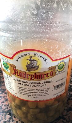 Aceitunas verdial verdes partidas aliñadas front packaging